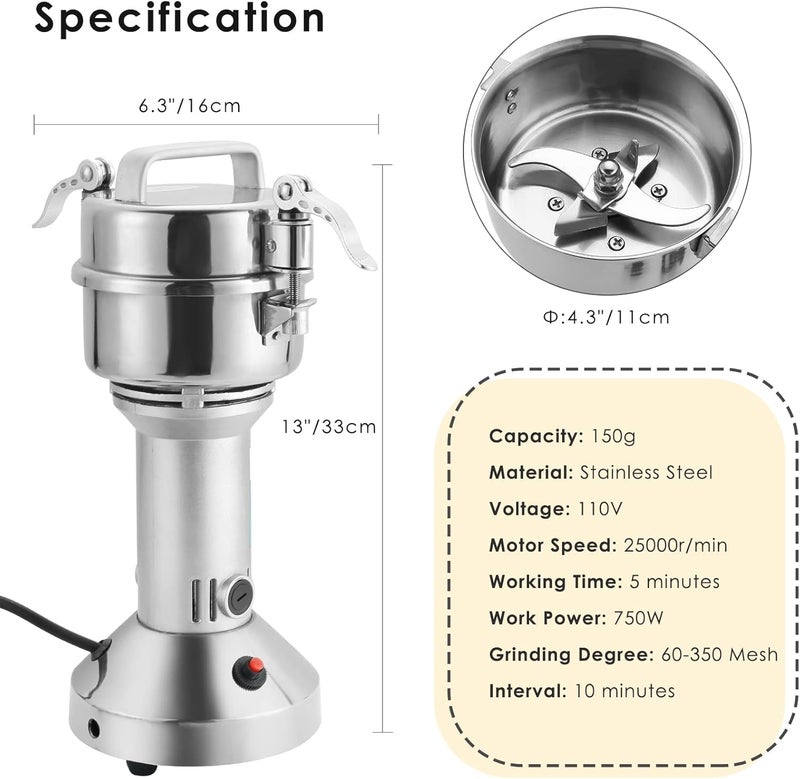 MYFULLY Electric Grain Mill Grinder High Speed Stainless Steel Pulverizer Mill Grinding Machine Cereals Corn Medicine Pearl Seasonings Spices Commercial Grade for Kitchen Grinding Machine (150g) - Image 2